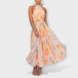 Lucija | Halter-Oblačena Aquarell Tisk Maxikleid