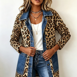 Selma | Dolga kontrastna jakna z leopardjim vzorcem in jeans detajli